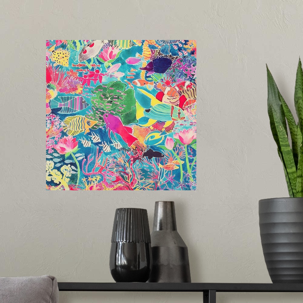 A modern room featuring Contemporary painting of several tropical fish in a coral reef.
