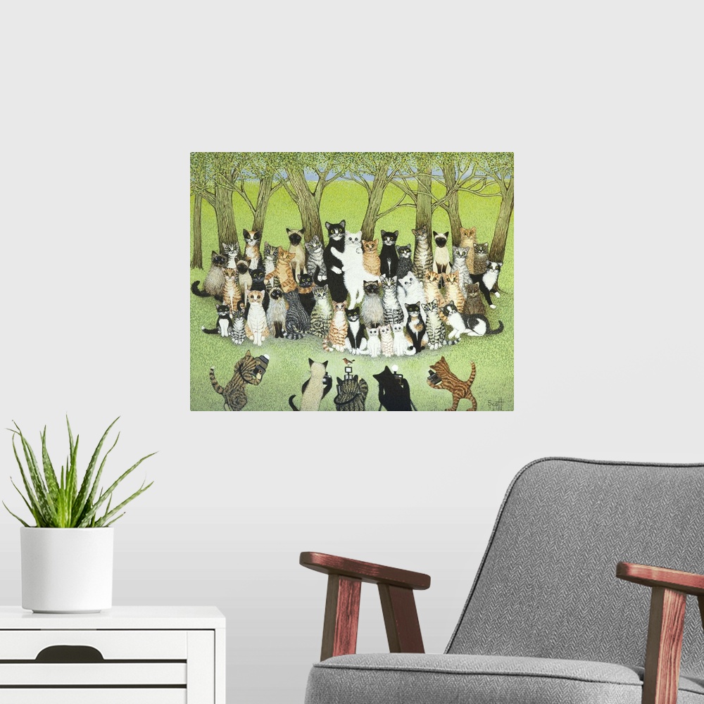 A modern room featuring Contemporary whimsical artwork of a cat wedding ceremony in a forest.