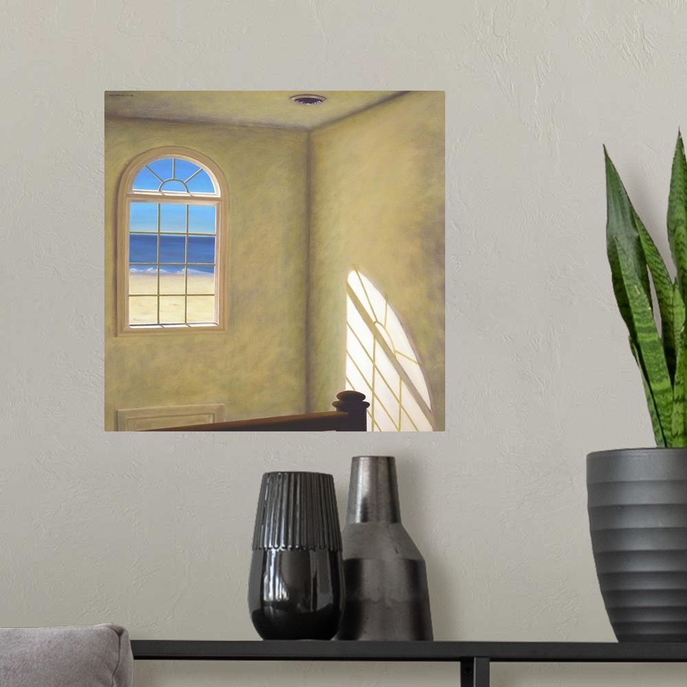 A modern room featuring Contemporary painting of the beach seen through a window.