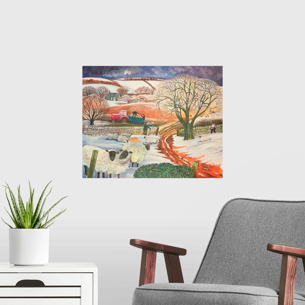 A modern room featuring Contemporary painting of a flock of sheep in the countryside in the winter.