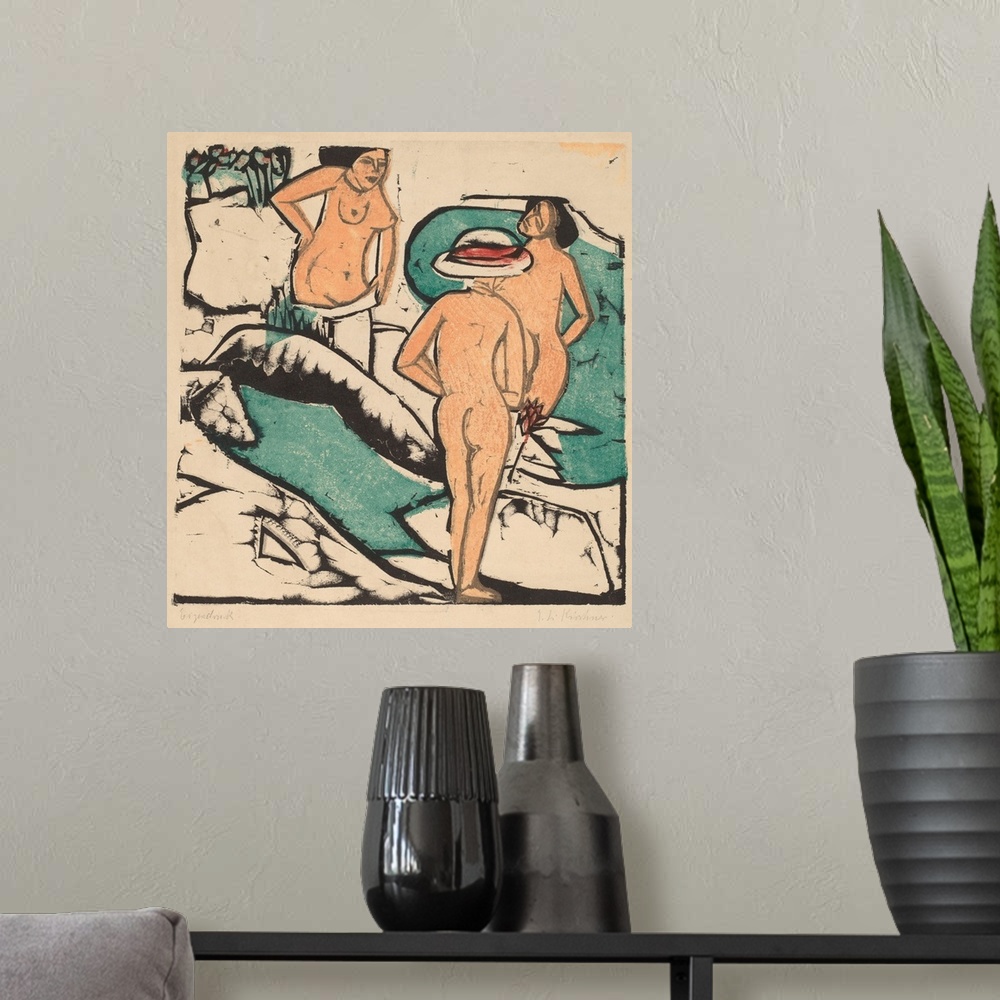 A modern room featuring Originally a color woodcut printed in black, green, orange and red.
