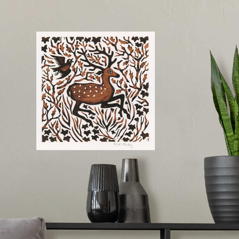 A modern room featuring Woodland Deer, 2000 (woodcut) by Morley, Nat (Contemporary Artist)
