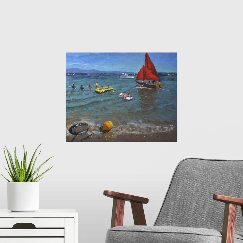 A modern room featuring Contemporary painting of a sailboat in the water with people wading nearby.