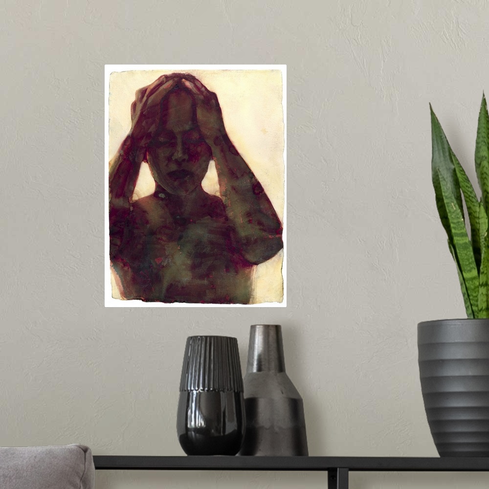 A modern room featuring Contemporary watercolor painting of a woman with her hands on the top of her head with her eyes c...