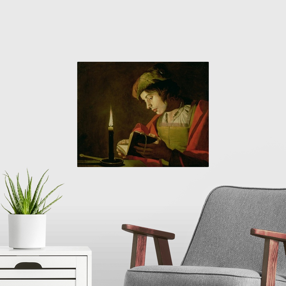 A modern room featuring SNM128541 Young Man Reading by Candle Light (oil on canvas); by Stomer, (Stom) Matthias (c.1600-p...
