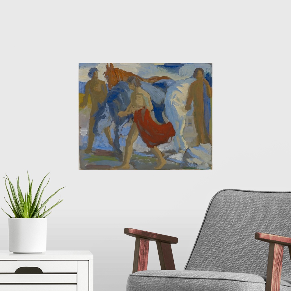 A modern room featuring Originally tempera on paper.