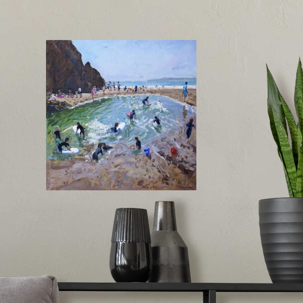 A modern room featuring Young Surfers, Tenby, 2016, originally oil on canvas.