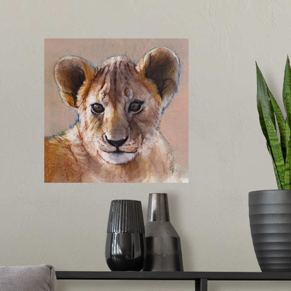 A modern room featuring Youngest Cub, Masai Mara, 2019. Originally conte and pastel on paper.