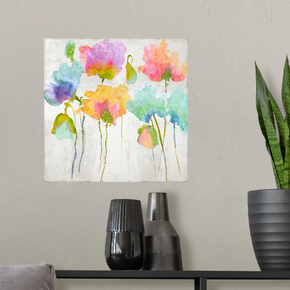 A modern room featuring Colorful watercolor poppies against a distressed white background.