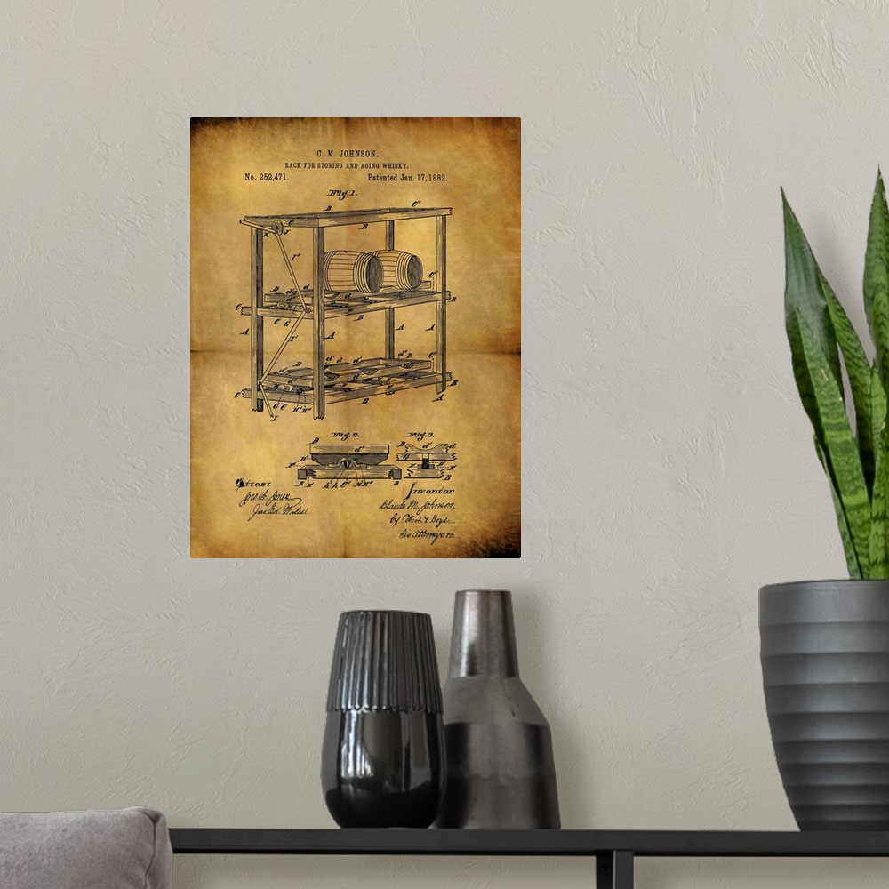 A modern room featuring Antique blueprint of the process to age whisky, patented January 17, 1882.