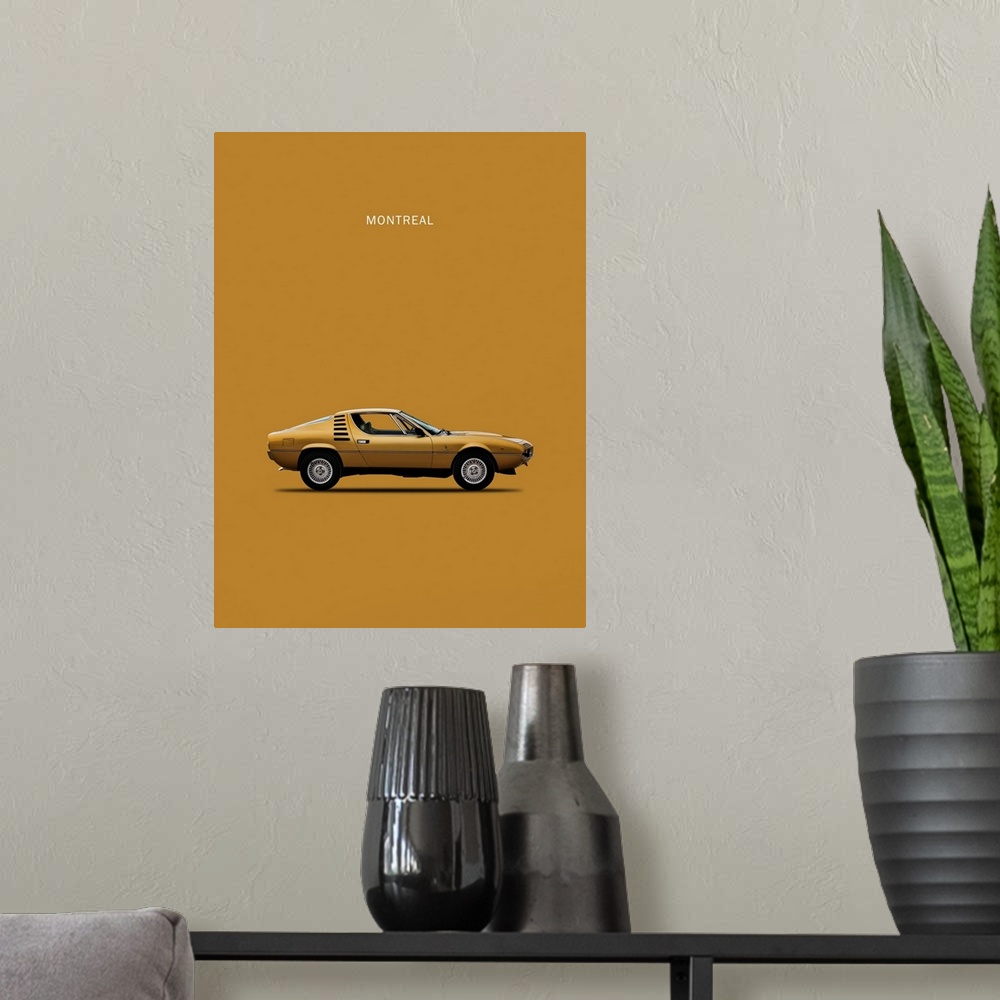 A modern room featuring Photograph of a gold Alfa Romeo Montreal 1972 printed on a gold background