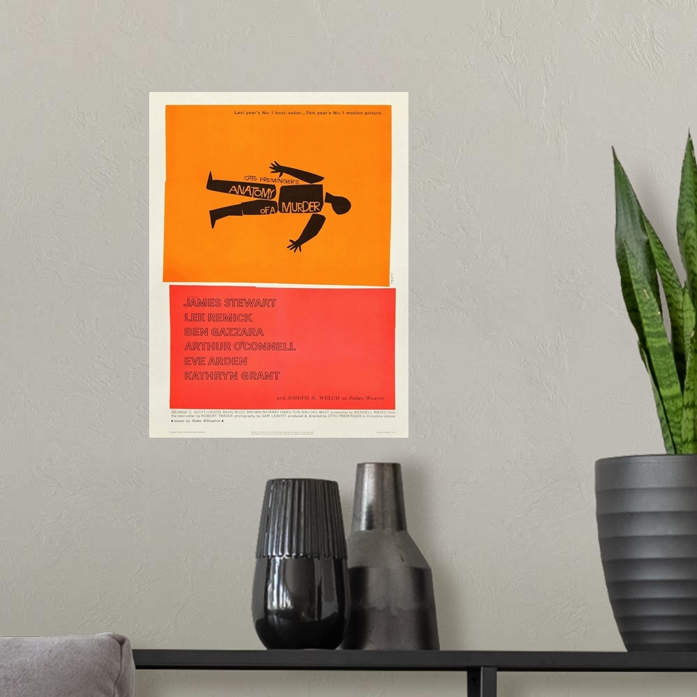 A modern room featuring Movie poster for Anatomy Of A Murder with bright orange and coral colors.