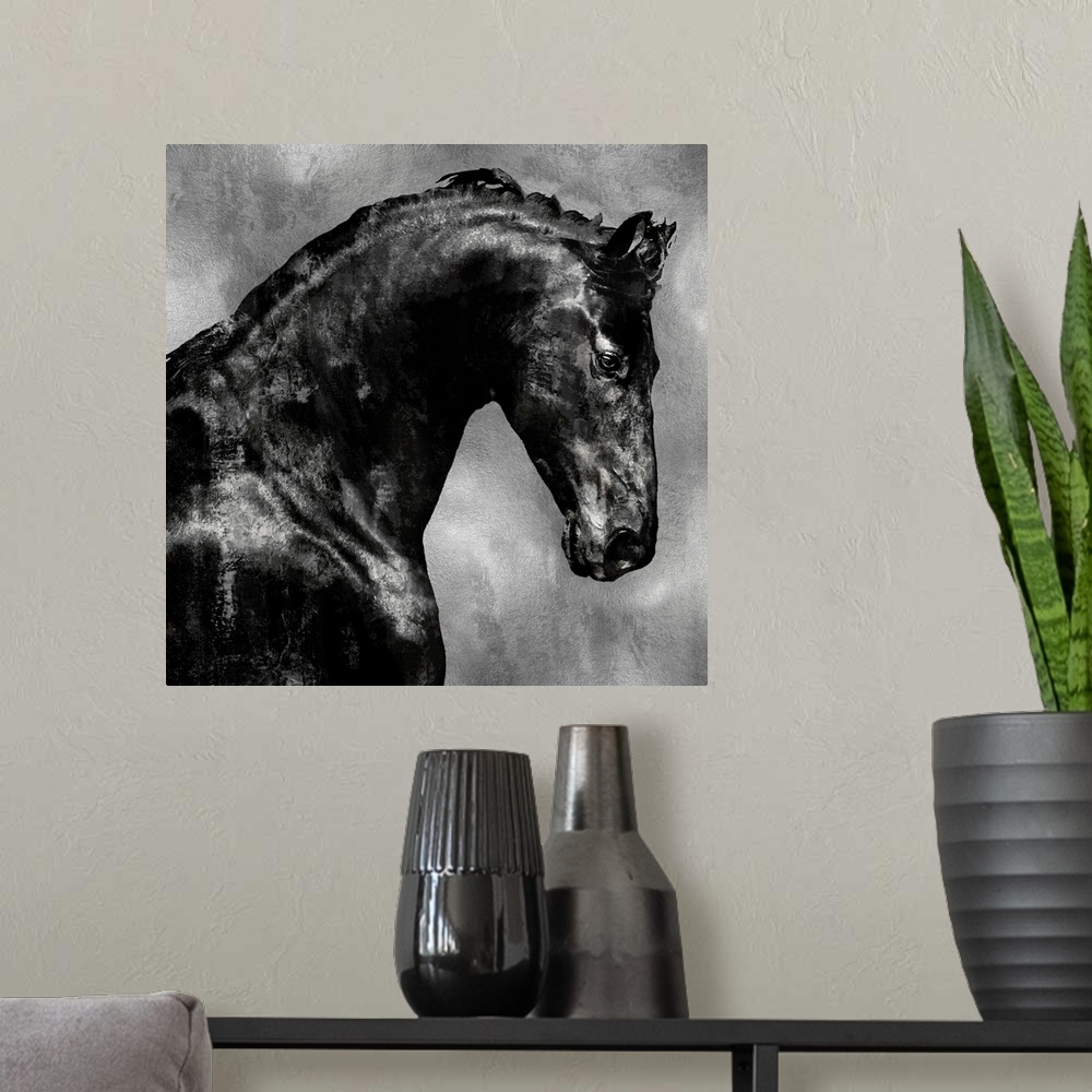 A modern room featuring Square decor with a black stallion on a metallic silver background.