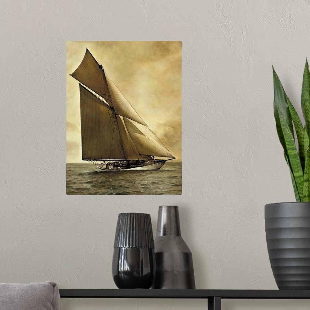 A modern room featuring Contemporary painting of a sailboat in the middle of the ocean with sepia tones.