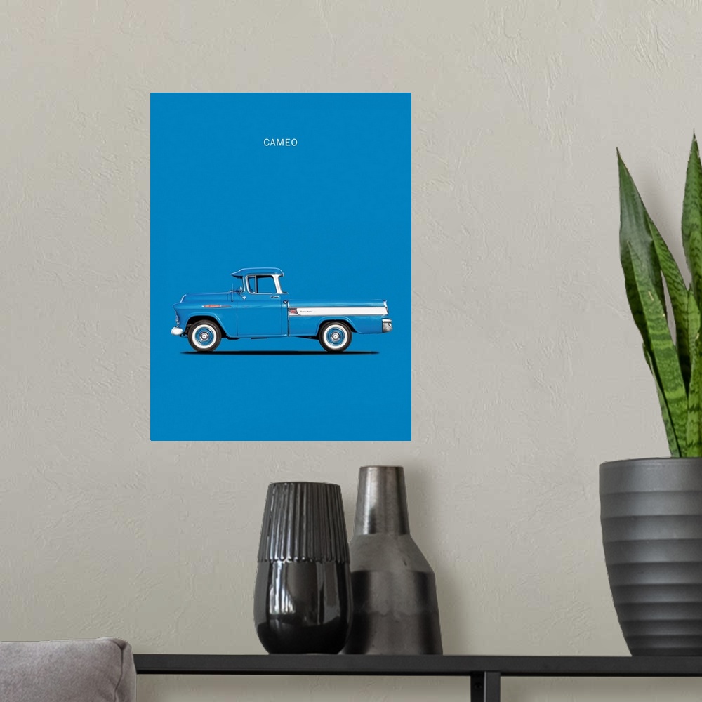 A modern room featuring Photograph of a blue and white Chevrolet Cameo Pickup 1957 Bl printed on a blue background
