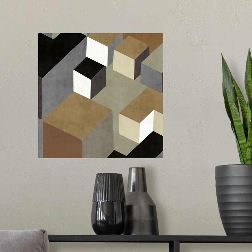 A modern room featuring Abstract square art created with black, white, gold, silver, and brown squares creating 3D lookin...