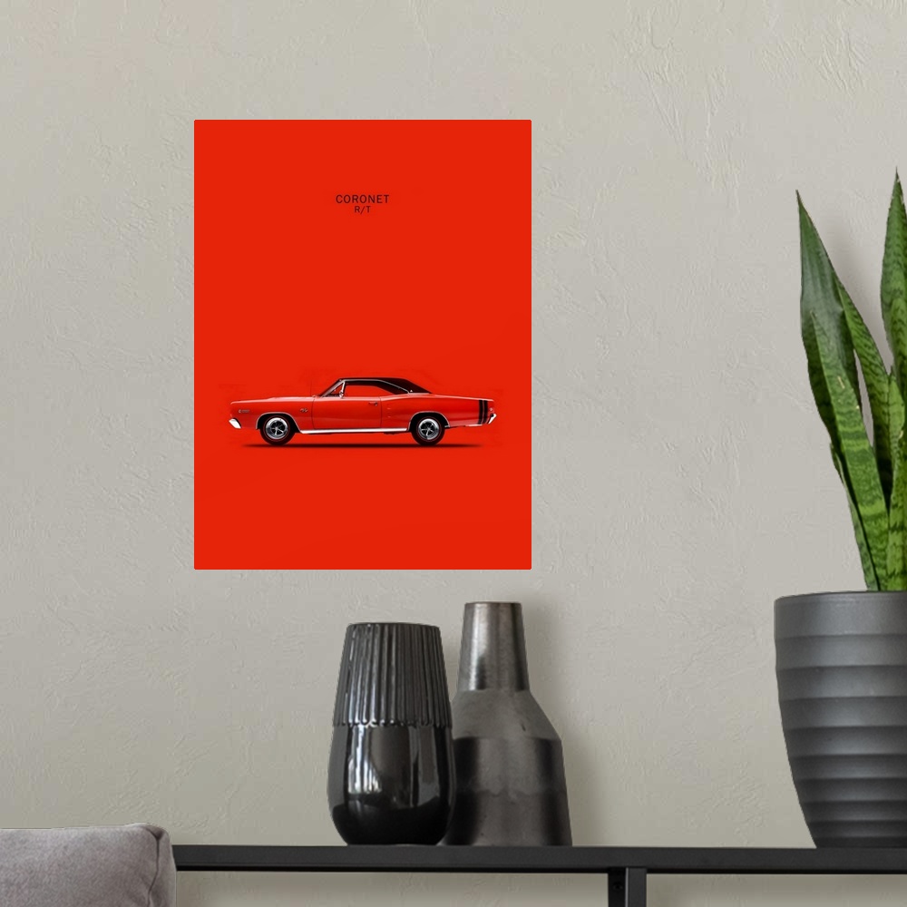 A modern room featuring Photograph of a bright red Dodge Coronet RT426 Hemi 1968 printed on a red background