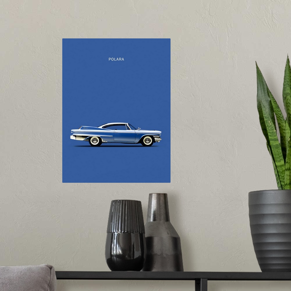 A modern room featuring Photograph of a blue Dodge Polara D500 1960 printed on a blue background