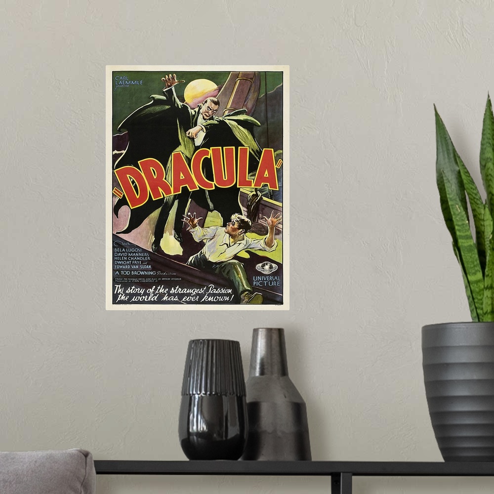 A modern room featuring Vintage movie poster for "Dracula" from 1931.