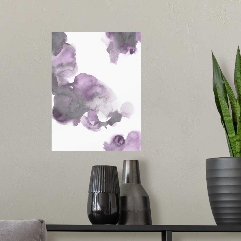 A modern room featuring Abstract painting with lavender and gray hues splattered together on a white background.