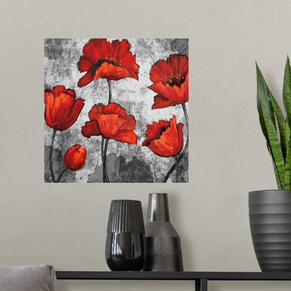 A modern room featuring Square decor with six red poppies on a background made with grey tones and a few grey poppies.
