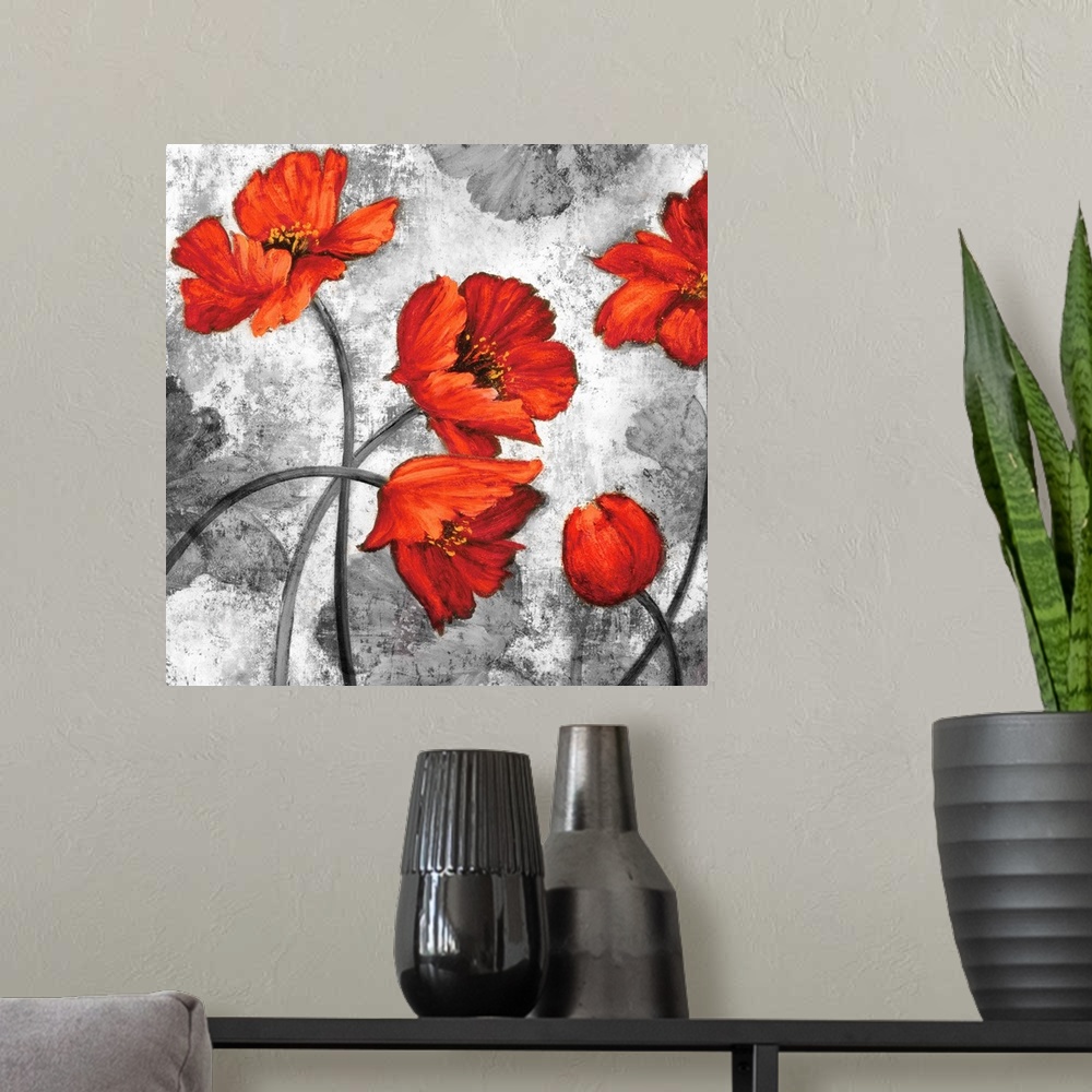 A modern room featuring Square decor with five red poppies on a background made with grey tones and a few grey poppies.
