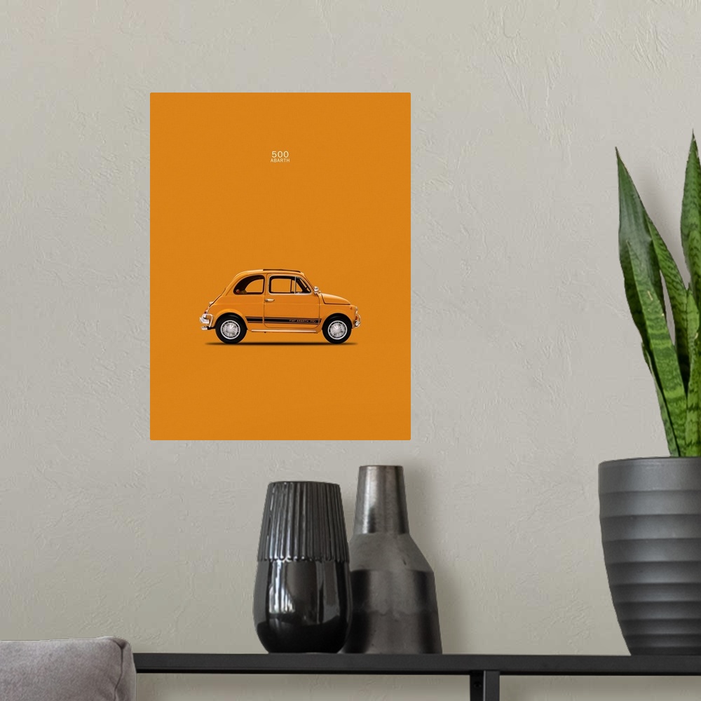 A modern room featuring Photograph of an orange Fiat 500 Abarth 1969 printed on an orange background
