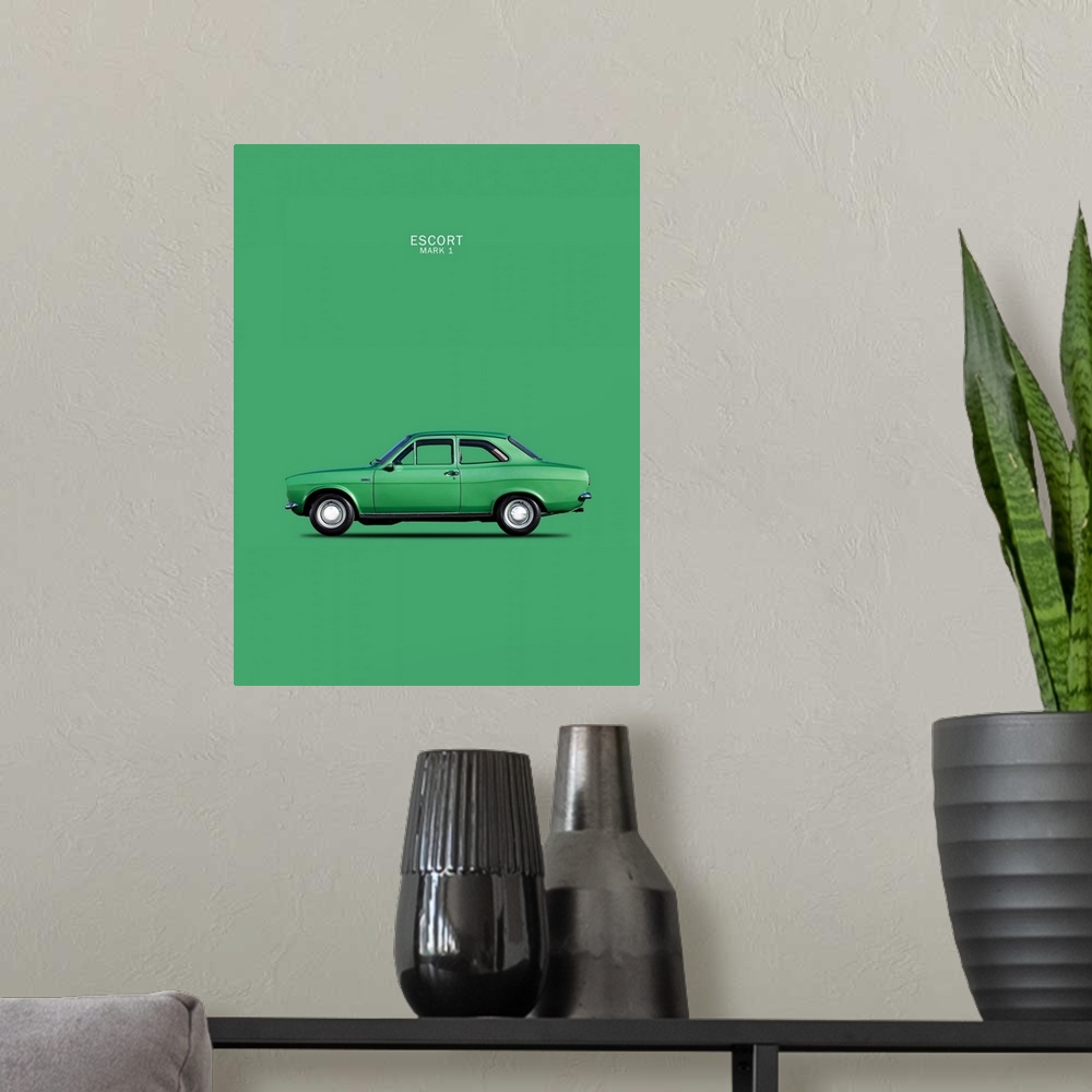 A modern room featuring Photograph of a green Ford Escort Mk1 TwinCam 1968 printed on a green background