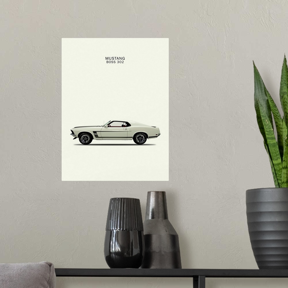 A modern room featuring Photograph of a white Ford Mustang Boss302 1969 printed on a white background