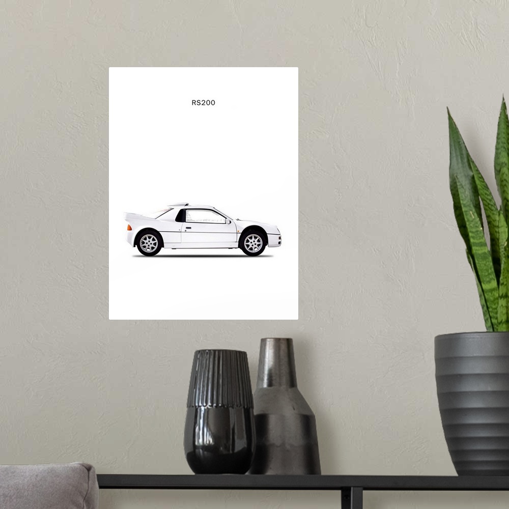 A modern room featuring Photograph of a white Ford RS200 1987 printed on a white background