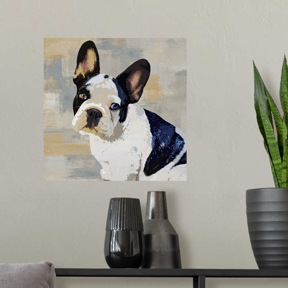 A modern room featuring Square decor with a portrait of a French Bulldog on a layered gray, blue, and tan background.