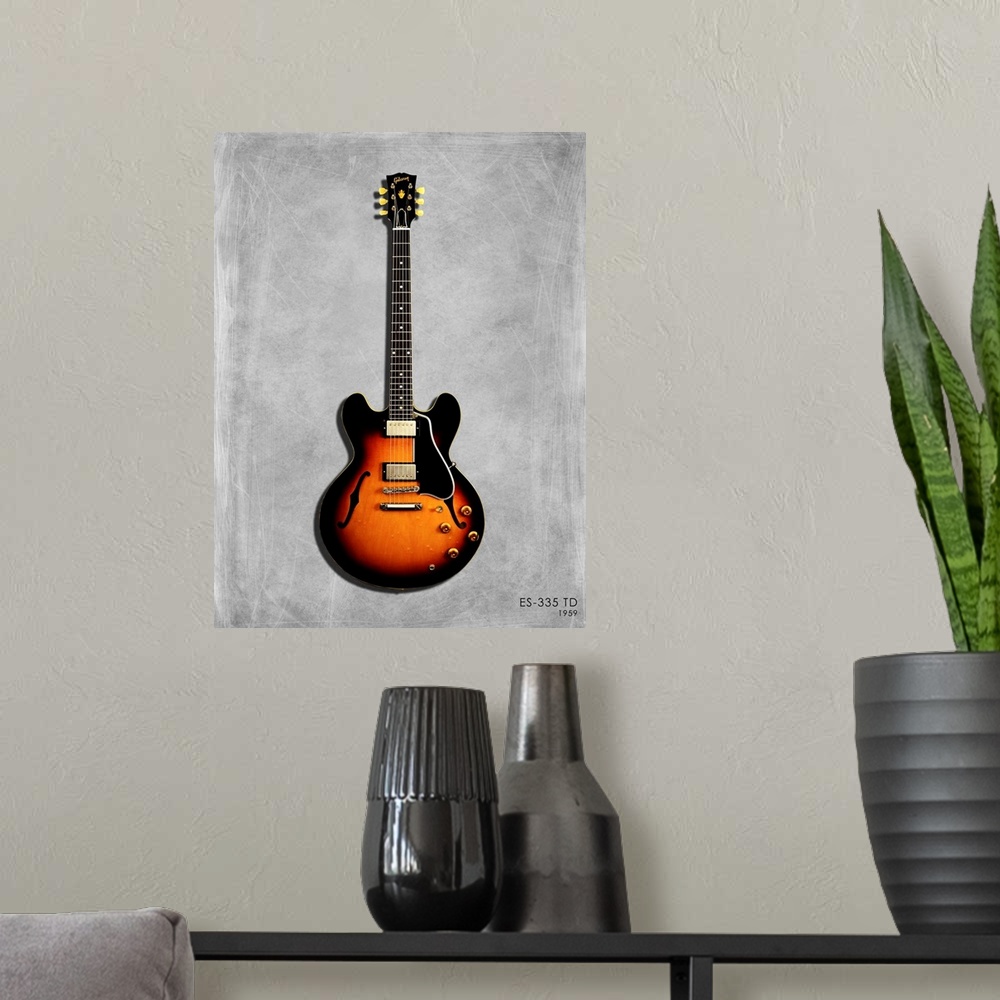 A modern room featuring Photograph of a Gibson ES335 59 printed on a textured background in shades of gray.