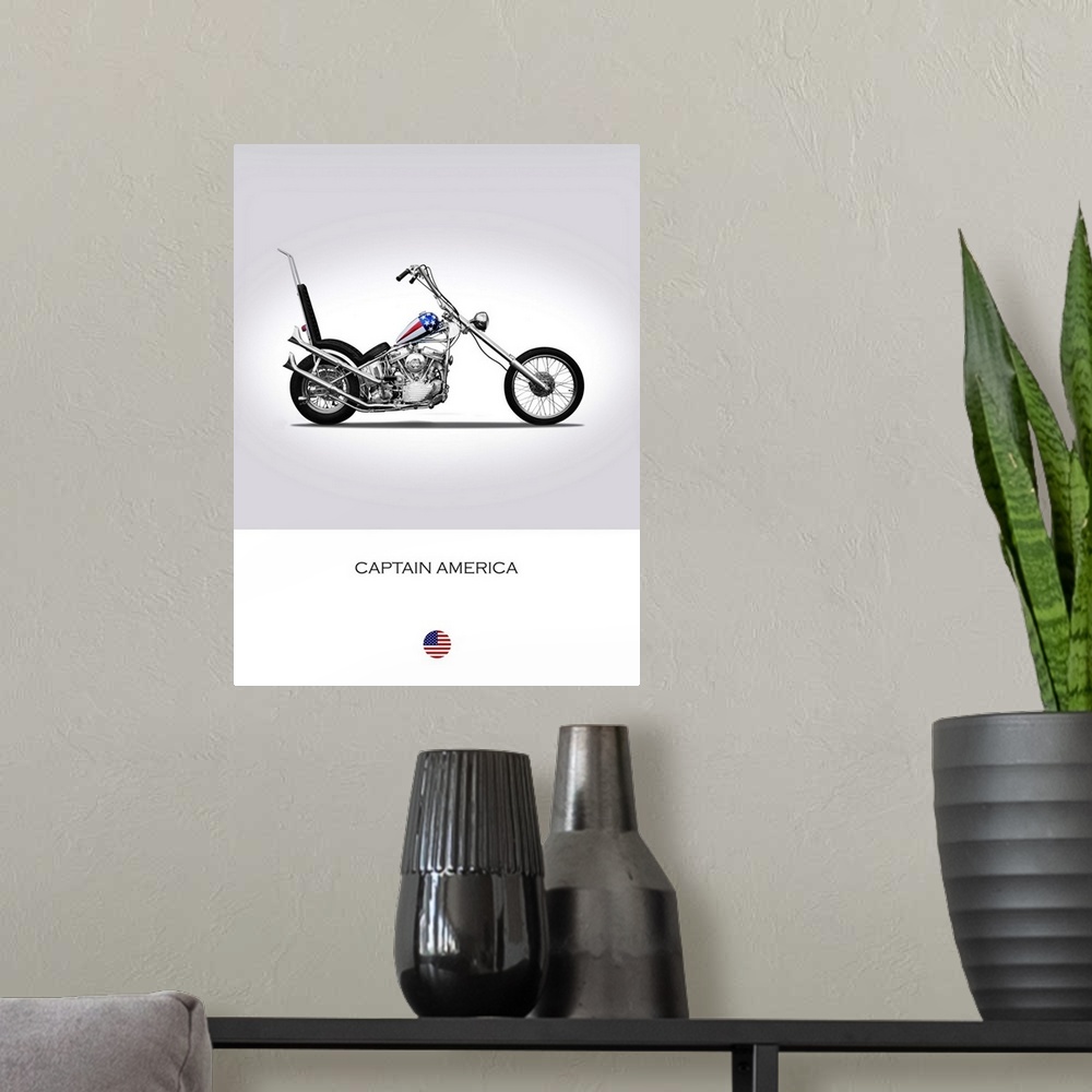 A modern room featuring Photograph of a Harley Davidson Captain America printed on a white and gray background.