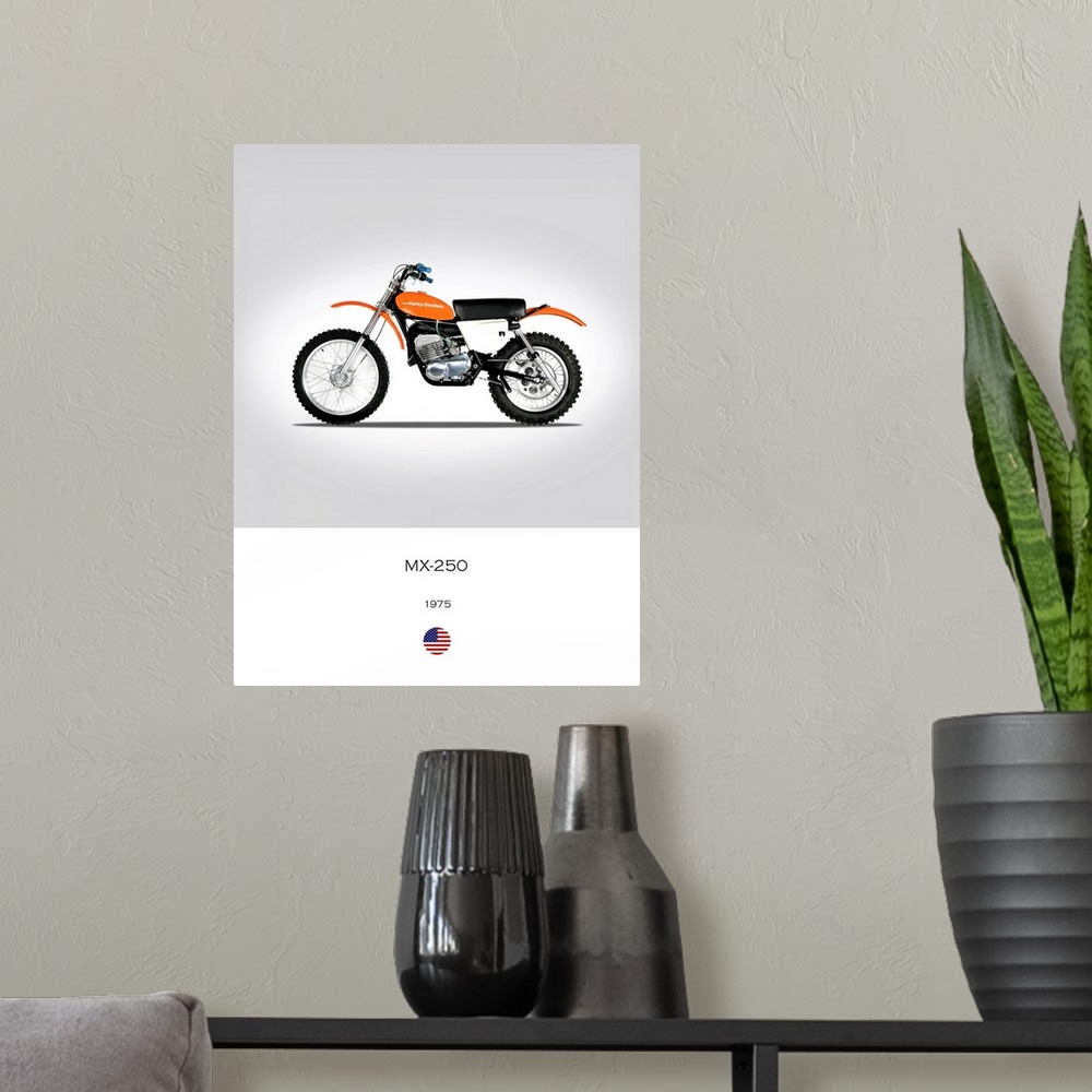 A modern room featuring Photograph of a Harley Davidson MX 250 1975 printed on a white and gray background.