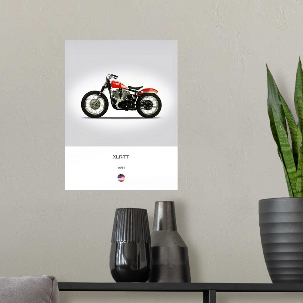 A modern room featuring Photograph of a Harley Davidson XLR TT 1964 printed on a white and gray background.