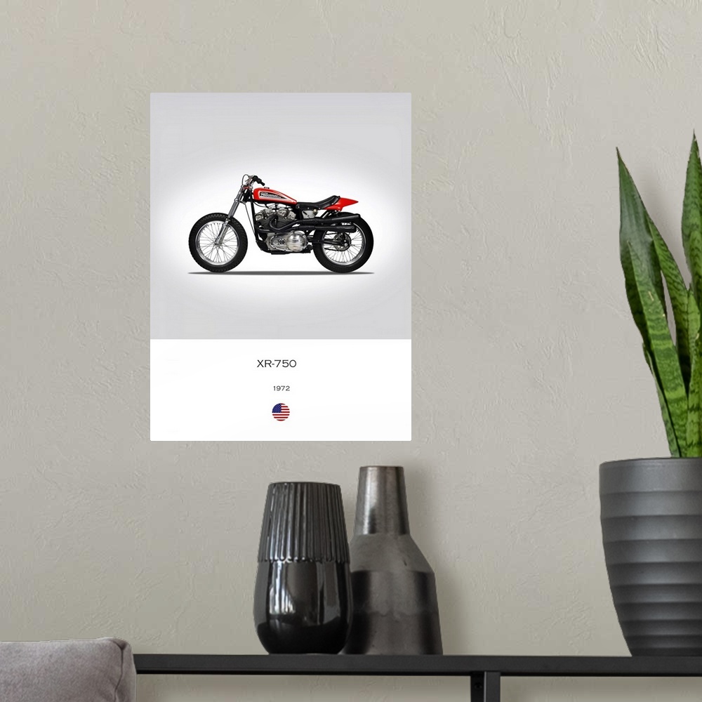 A modern room featuring Photograph of a Harley Davidson XR 750 1972 printed on a white and gray background.