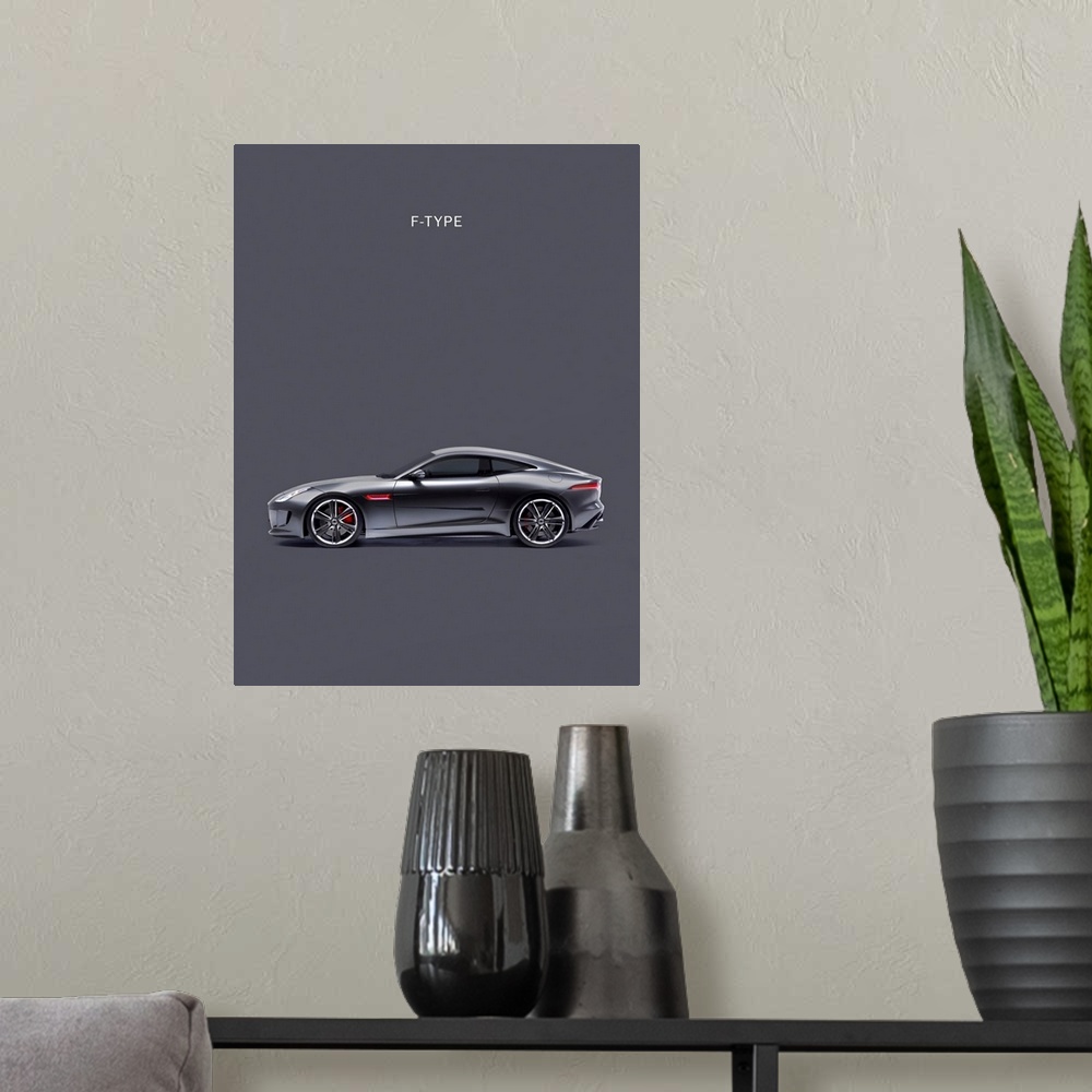 A modern room featuring Photograph of grey a Jaguar F Type printed on a grey background