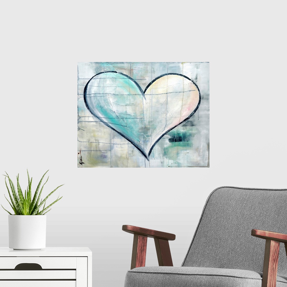 A modern room featuring Contemporary abstract painting of a large heart outlined in black with a multi-colored background...