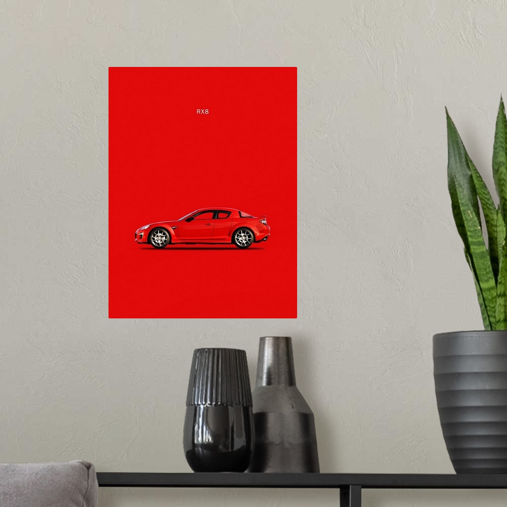 A modern room featuring Photograph of a red Mazda RX8 printed on a red background