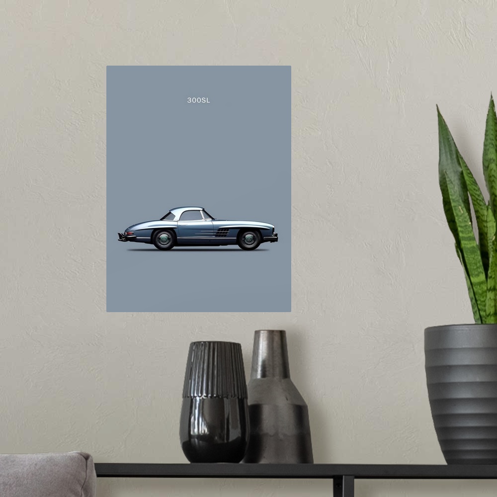 A modern room featuring Photograph of a gray Mercedes 300SL 1960 printed on a gray background