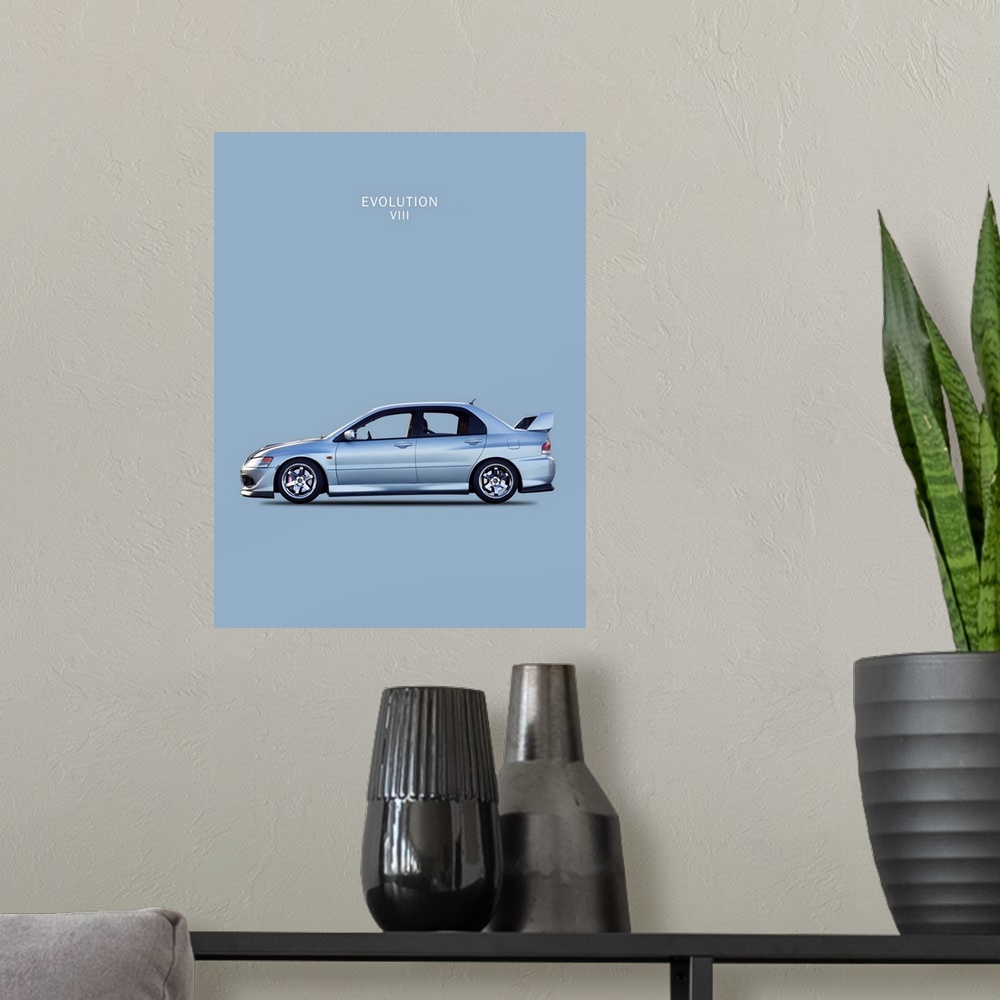 A modern room featuring Photograph of a silver Mitsubishi Lancer Evo. VIII printed on a gray-blue background