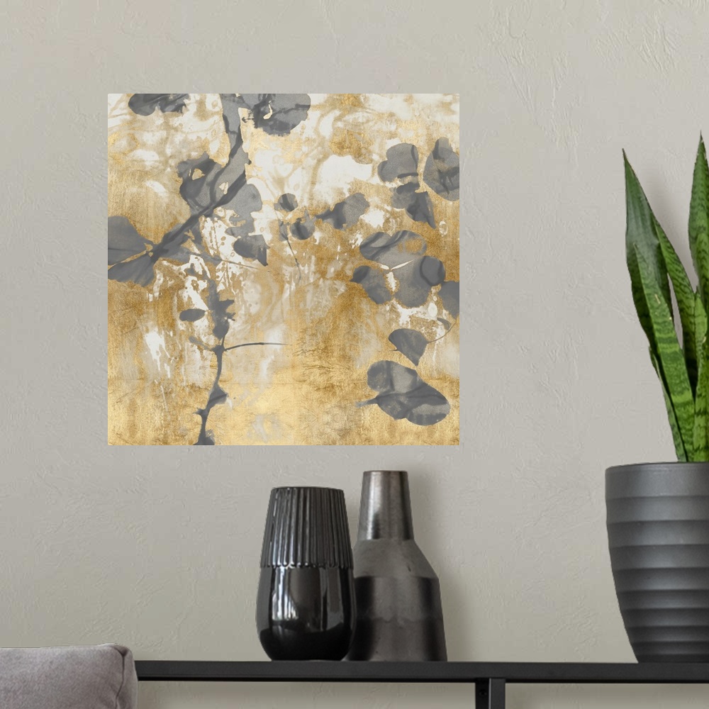 A modern room featuring Contemporary artwork featuring soft gray petals over a foil textured background in shades of gold.