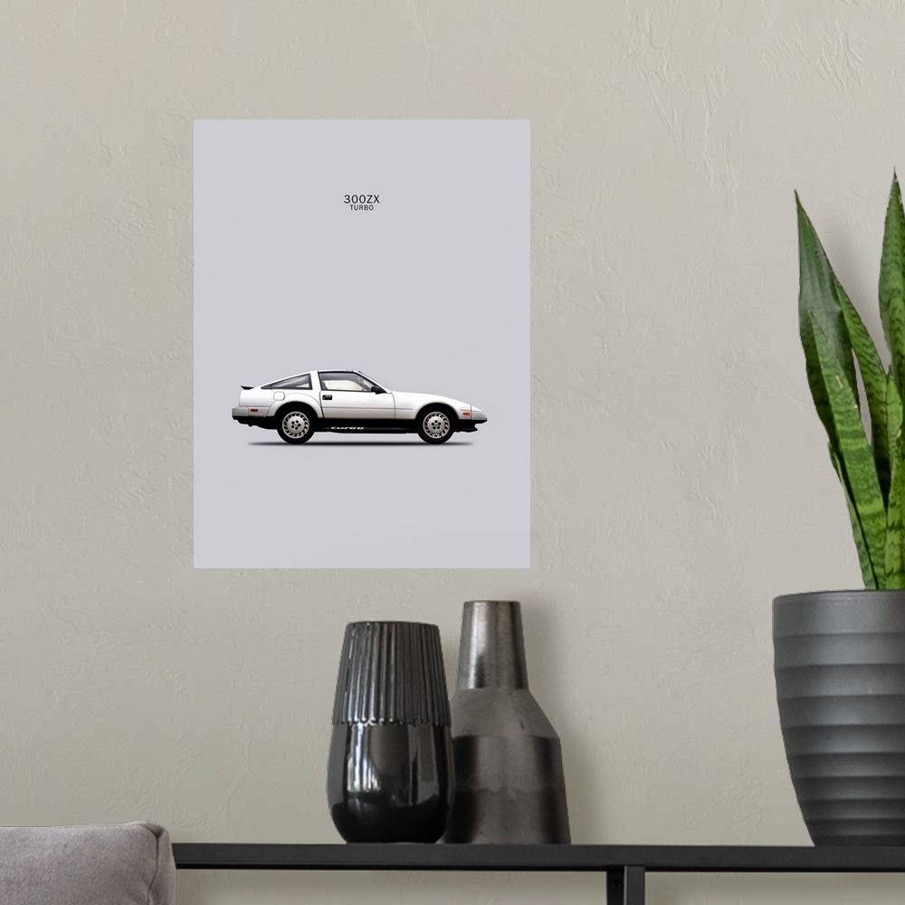 A modern room featuring Photograph of a silver Nissan 300ZX Turbo 1984 printed on a gray background