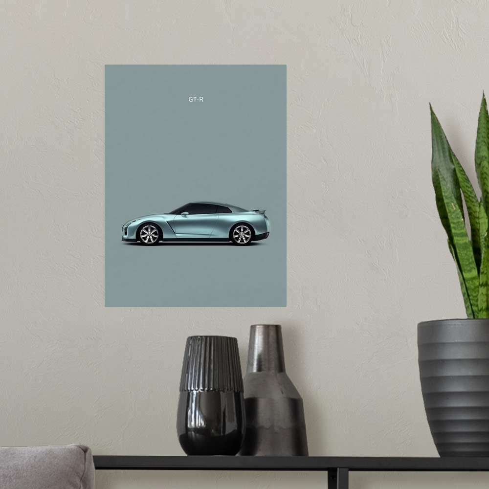 A modern room featuring Photograph of a Nissan GT-R printed on a gray background