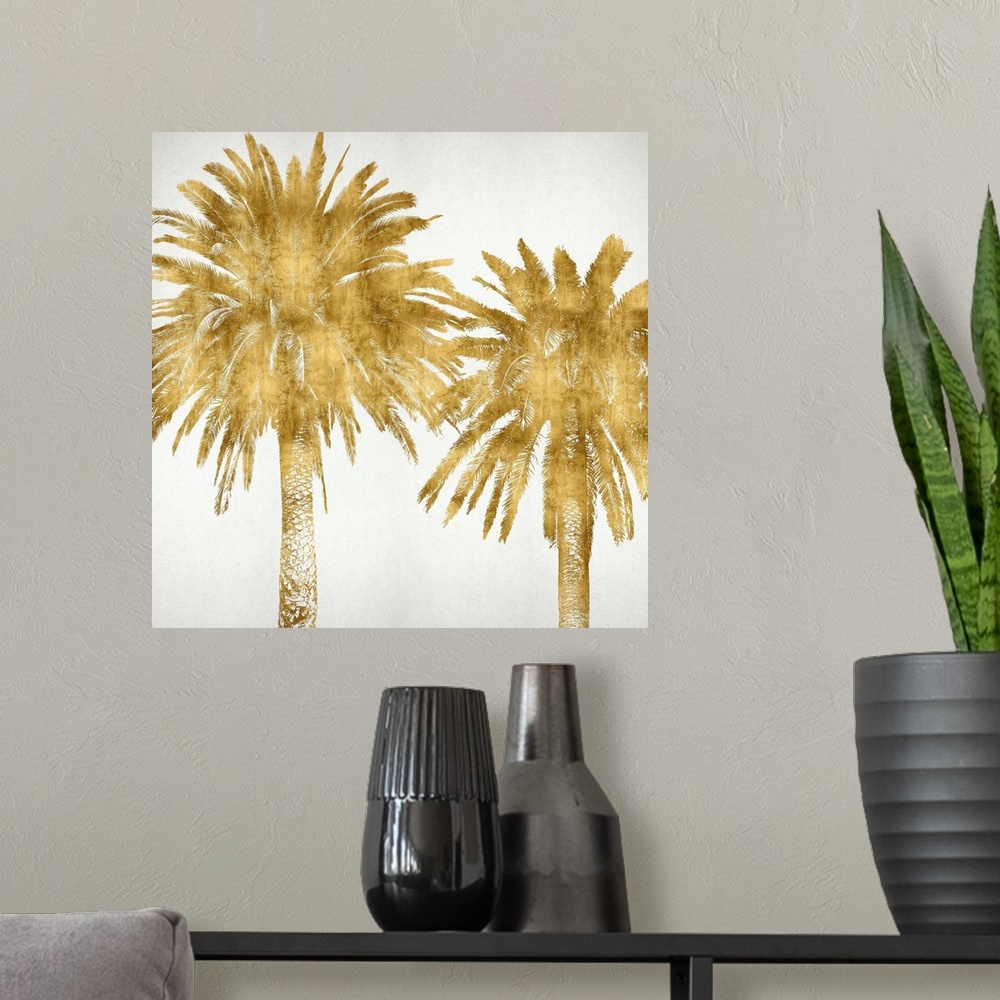 A modern room featuring Two gold palm trees on a white background.