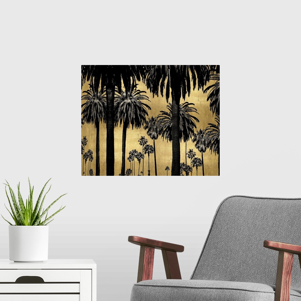 A modern room featuring Decorative artwork featuring a black silhouette of palm trees over a distressed background.