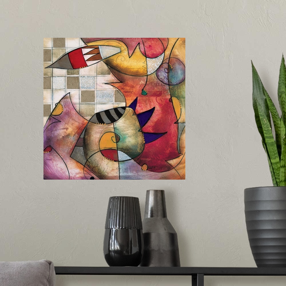 A modern room featuring Primo I by Eric Waugh.  A colorful square abstract painting of striking shapes against a checkere...