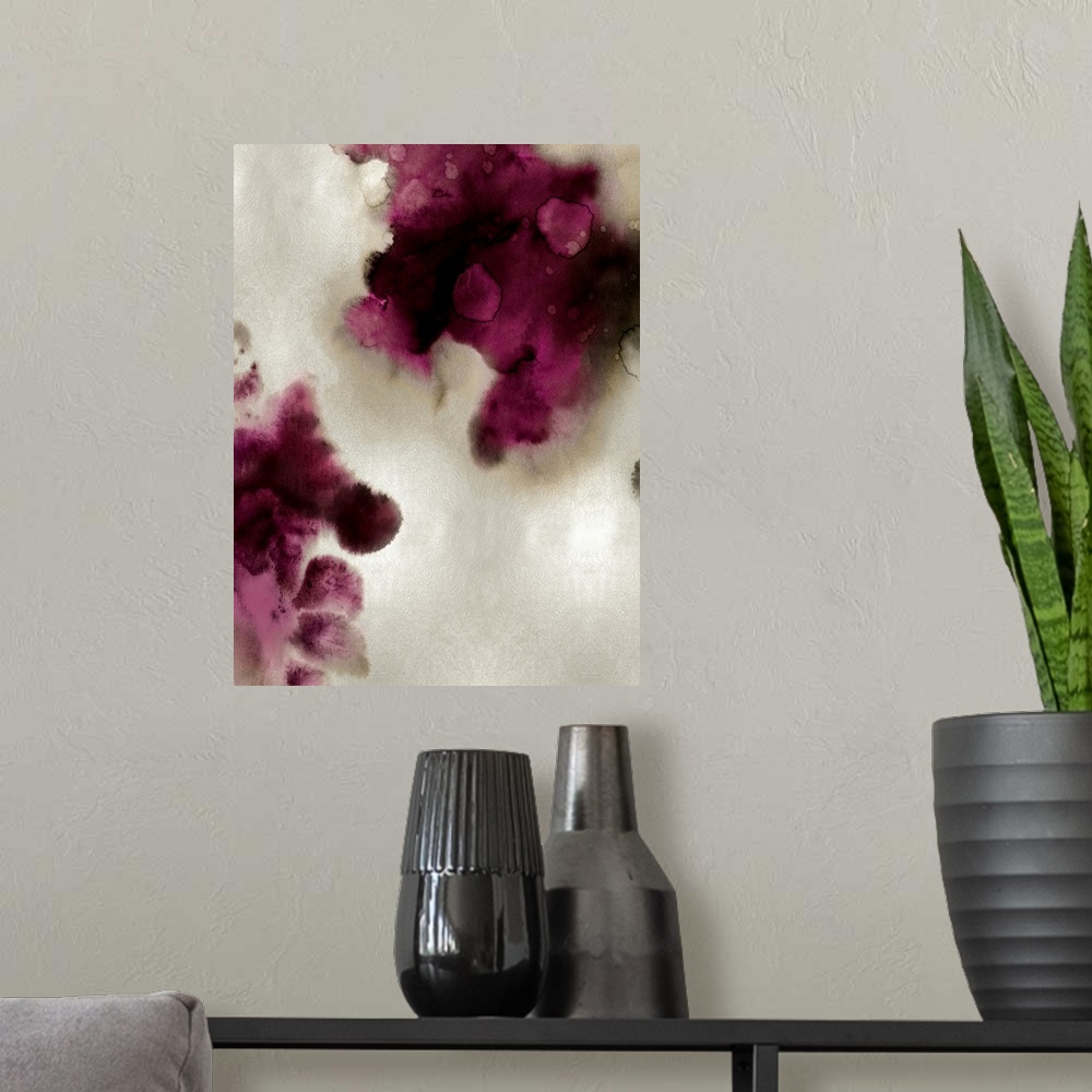 A modern room featuring Abstract painting with burgundy and black hues splattered together on a silver background.