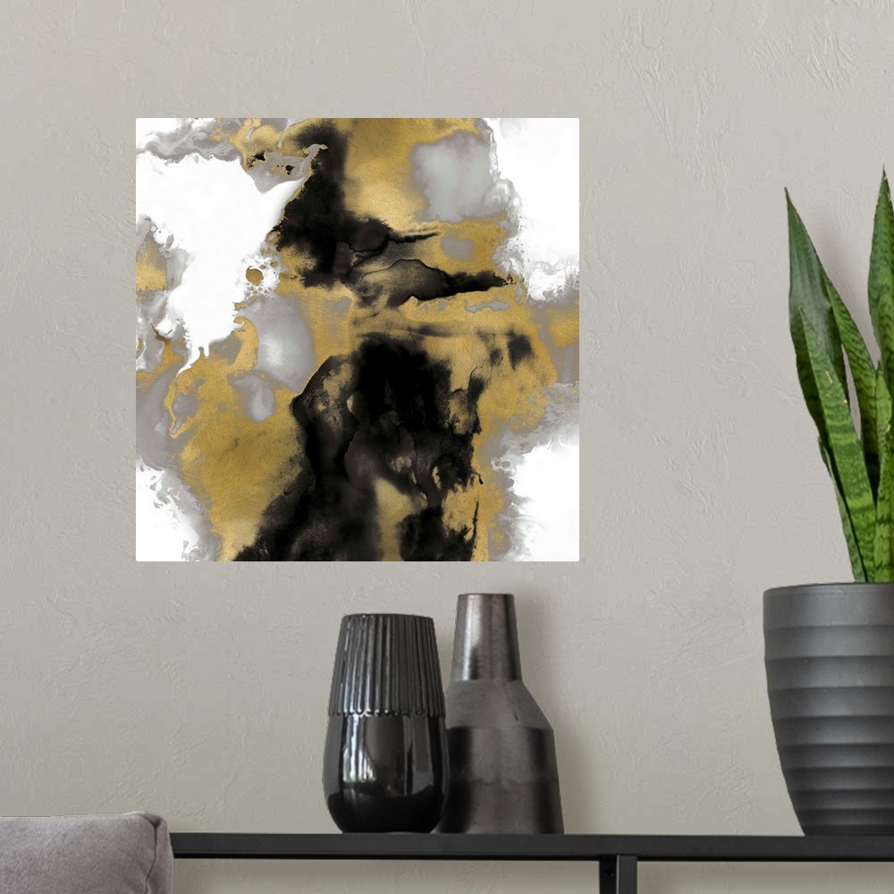 A modern room featuring Square abstract art in gold, black, and silver on a white background.
