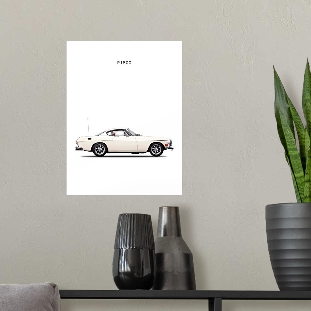 A modern room featuring Photograph of a white Volvo P1800 printed on a white background